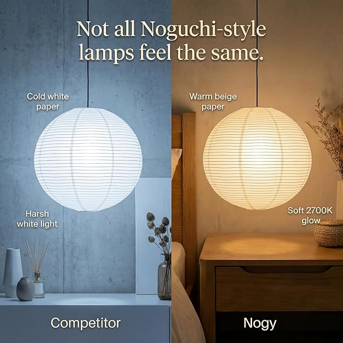 Nogy Japanese Style Lantern Pendant Light - Off White Rice Paper Pendant with Cord Plug in (15ft) 29.5 in