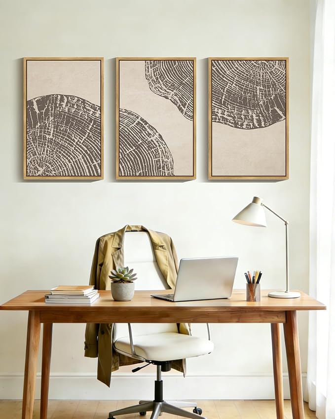 PHOPAGO Farmhouse Vintage Framed Wall Art Large 16x24in Set Gray Wood Tree Ring Spirals Nature Abstract Drawings Rustic Modern Art Decor for Living Room Bedroom - Natural Framed