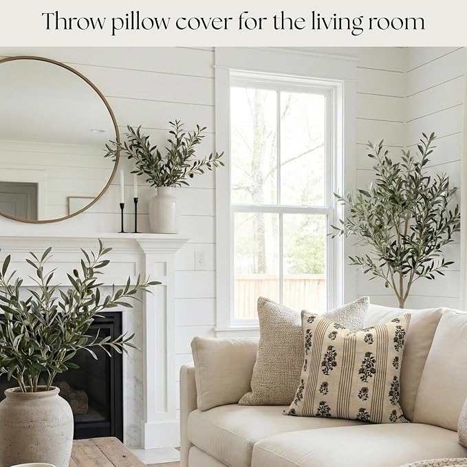Linen Throw Pillow Covers 20x20 inch Floral Pillows Stripe Spring Decorative Pillow Covers for Living Room, Bedroom