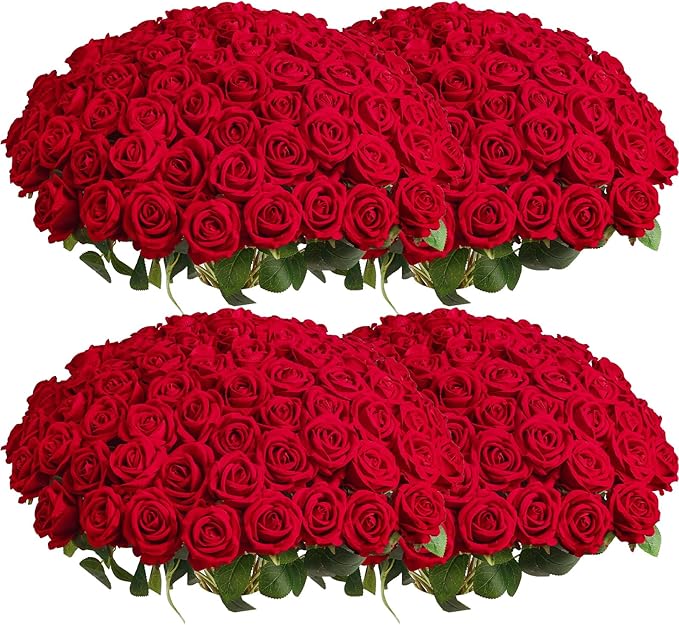 Auihiay 104pcs Red Roses Artificial Flowers - Realistic Faux Red Roses for Wedding, Table Centerpiece, Home Party, Valentine's Day, Mother's Day, Anniversary Decorations