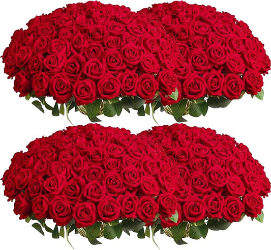 Auihiay 104pcs Red Roses Artificial Flowers - Realistic Faux Red Roses for Wedding, Table Centerpiece, Home Party, Valentine's Day, Mother's Day, Anniversary Decorations