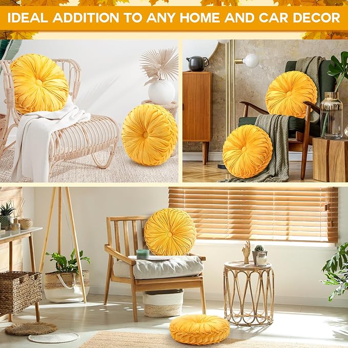 Beeveer 4 Pcs Round Throw Pillows 15 Inch Decorative Velvet Pleated Pumpkin Pillows Boho Floor Pillow with Center Button for Living Room Couch Chair Bed Sofa Home Decoration (Yellow)