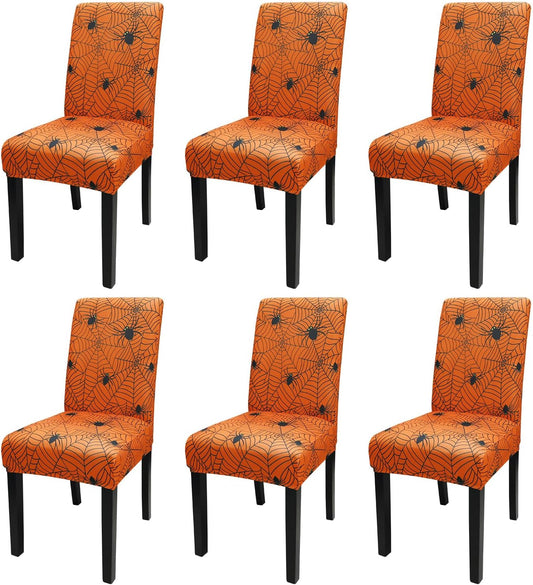 JQinHome Halloween Orange Dining Chair Slipcover, Spider Web Chair Covers Set of 6 ，High Stretch Washable Chair Protector Cover for Dining Room, Kitchen,Home Party,Wedding Ceremony(Orange, 6PC)