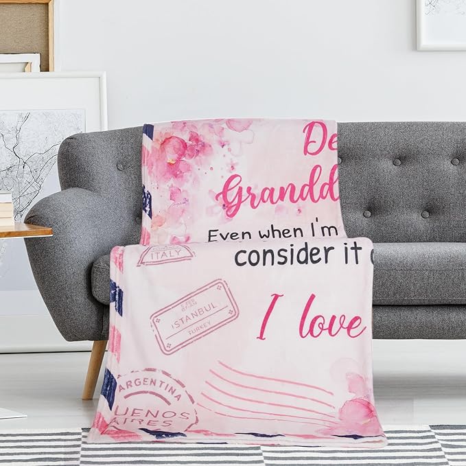 Granddaughter Gifts from Grandma Throw Blanket, Pink Floral Love Letter Postcard Design Soft Cozy Fuzzy Flannel Blanket, Christmas Birthday Gift for Granddaughter (50" x 60")