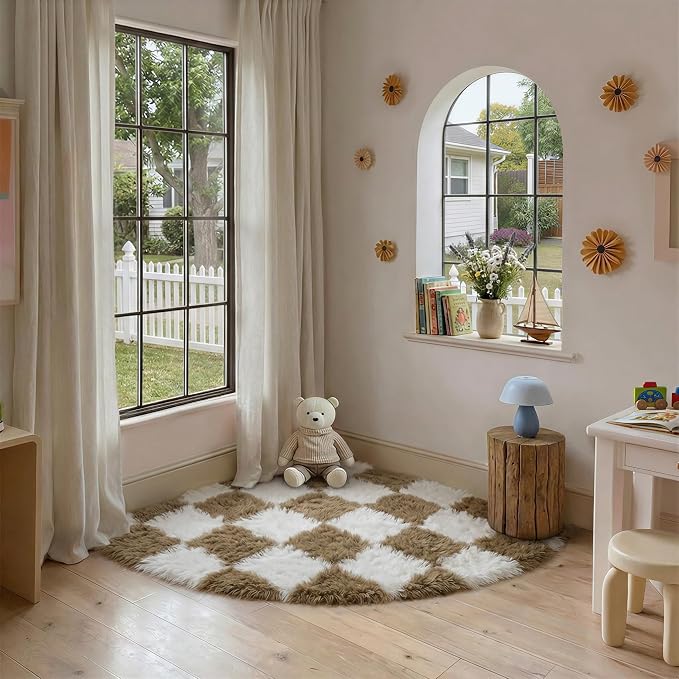 PureCozy Checkered Rug 3ft Radius Corner for Playroom, Beige and White Modern Shag Super Soft Washable Fluffy Rugs Indoor Fuzzy Carpet for Bedroom Home Dorm Aesthetic Decor