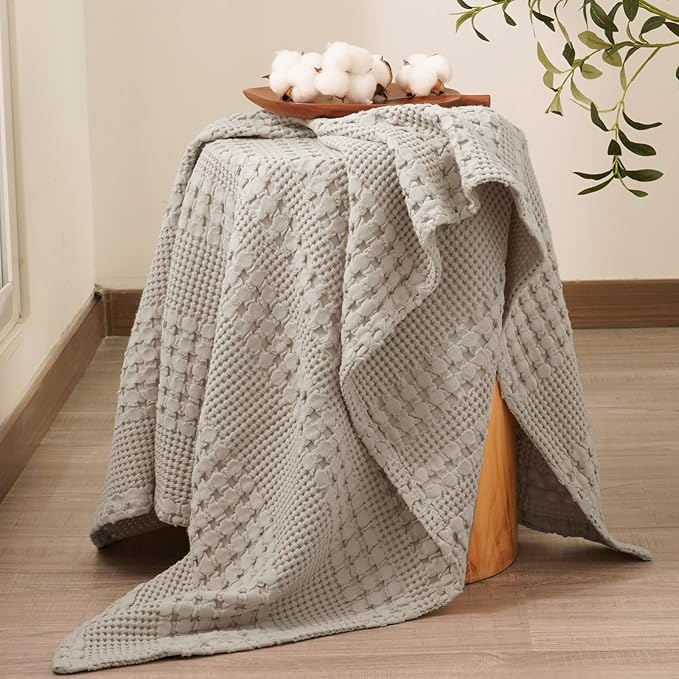 PHF 100% Cotton Waffle Throw Blanket for Couch, Lightweight Breathable and Soft for Summer, Luxury Aesthetic Waffle Weave Blanket for Home Decor & Office, Gifts for Women, 50"x60", Pearl Gray