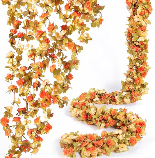 PONKING 8 Pcs x 8.2 ft Flower Garland Artificial Rose Vine Flowers with Green Leaves Hanging Fake Roses Vine for Room Party Home Wedding Birthday Christmas Wall Arch Decor, Fall Champagne Flower