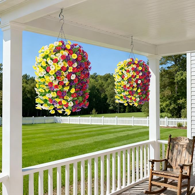 Ammyoo Artificial Fake Hanging Flowers Basket for Spring Decor, Faux Silk Flower in Planter for Summer, Outdoor Artificial Floral for Home Porch Yard(Yellow White Purple Red)
