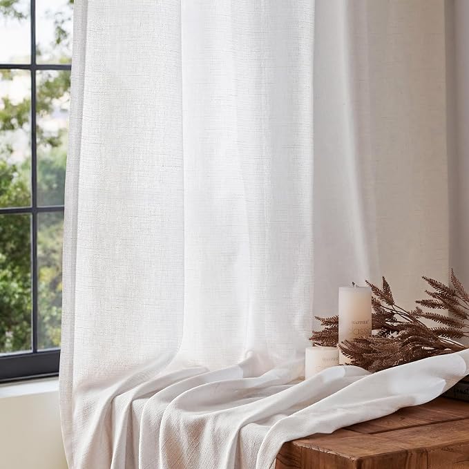 jinchan White Semi Sheer Linen Curtains 90 Inch Length 2 Panels Set Grommet Light Filtering Living Room Curtain Panles Home Office Minimalist Decor Farmhouse Boho Burlap Textured Curtains 50 Inch Wide