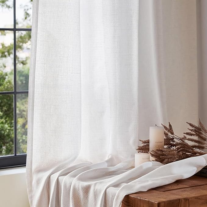 jinchan White Linen Curtain 96 Inches Long for Sliding Glass Door, Extra Wide 100 Inch Farmhouse Semi Sheer Ceiling Curtain Living Room Light Filtering Grommet Farmhouse Rustic Drape, 100"x96" 1 Panel