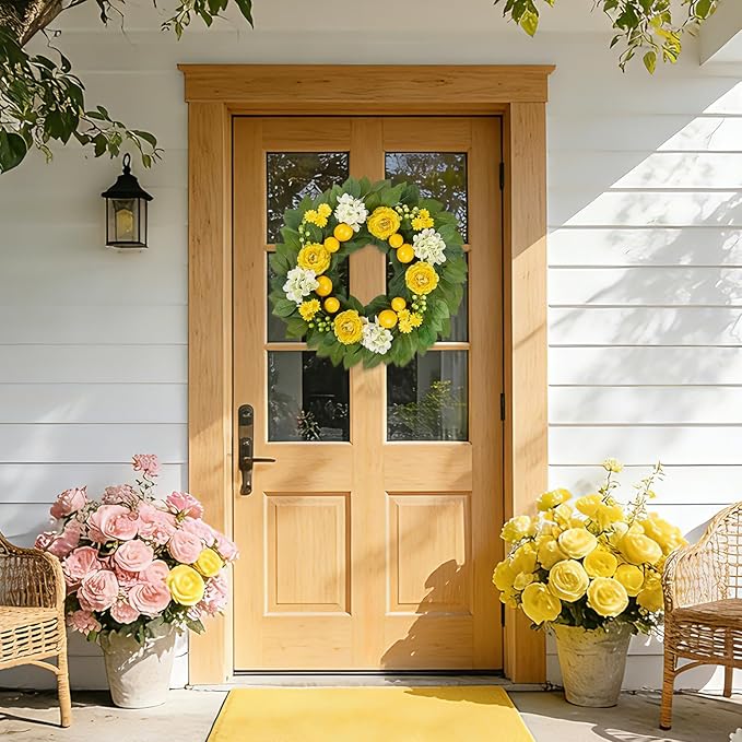 Summer Lemon Wreaths for Front Door, 22 Inch Yellow Summer Wreath Decorations with Peony, Hydrangea, Berries for Farmhouse Porch Wall Window Home Kitchen Decor