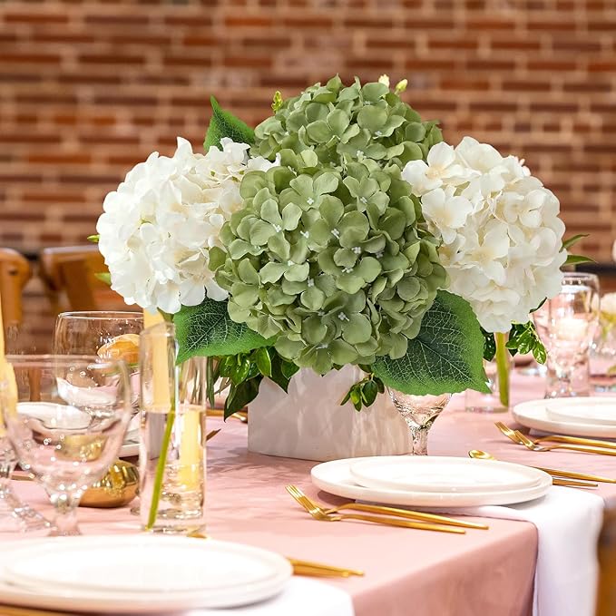 JINWOE Green Flowers Artificial Hydrangeas, 5Pcs 20Inch Large Lifelike Faux Silk Flowers, Full Artificial Hydrangeas for Bouquet Table Centerpieces Indoor Spring Outdoor Home（Rosemary Green）
