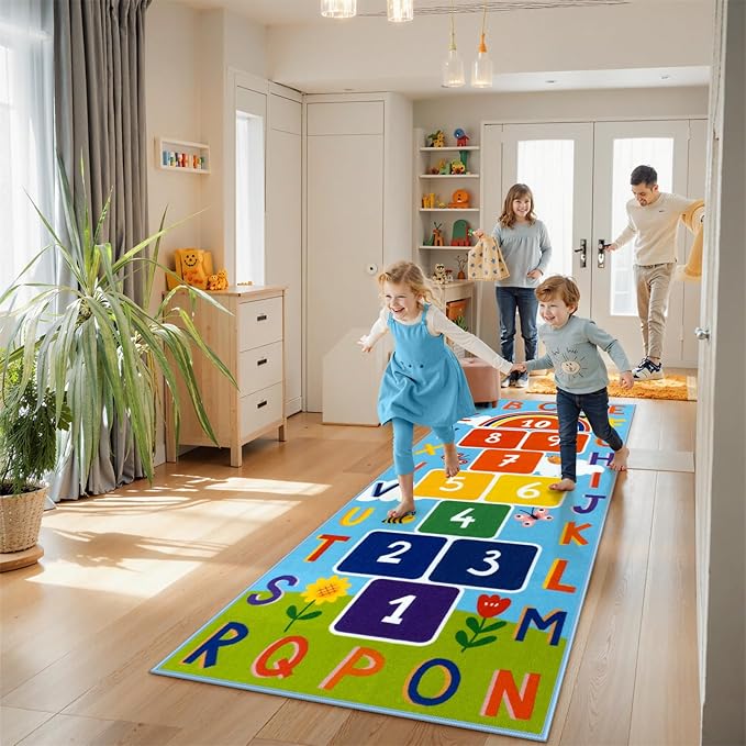 STARUIA Washable Hopscotch Kids Rug for Playroom, Colorful Educational Classroom Rugs with ABC Number, Non Slip Kids Play Mat Rug Game Carpet for Bedroom Nursery Daycare Boy Girl （Blue, 31.5''x72''）
