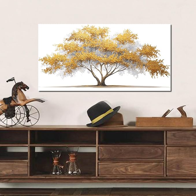 AOZEMI Tree Wall Art White Pictures Wall Decor Yellow Canvas Art for Living Room Bedroom Bathroom Office Large Modern Artwork 29"x 59"