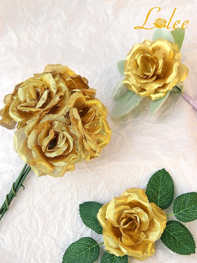 LELEE Rose Head Flowers with Stem - 108pcs Gold Rose Artificial Flowers Bulk - 3.1'' Silk Roses Fake Flower for Wedding Bouquet Party Home Decor DIY Baby Shower Centerpieces Tables Decoration