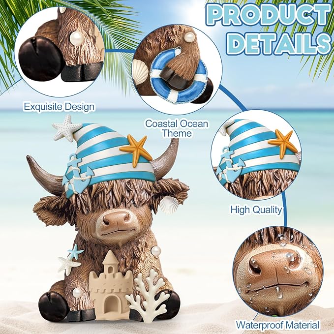 Karenhi 2 Pcs Summer Ocean Highland Cow Figurines, Nautical Resin Cow Decor with Anchor, Starfish, Shell and Coral, Coastal Farmhouse Beach Figurines for Home Table Shelf Decoration