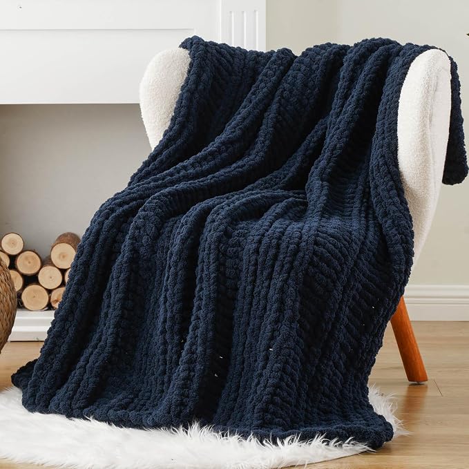 Battilo Chunky Knit Throw Blanket for Couch, 50"x60", Navy Blue | Hand Knit, Gift Blanket, Cozy Warm Thick Soft Chenille Throw Blanket for Bed, Sofa, Chair, Living Room