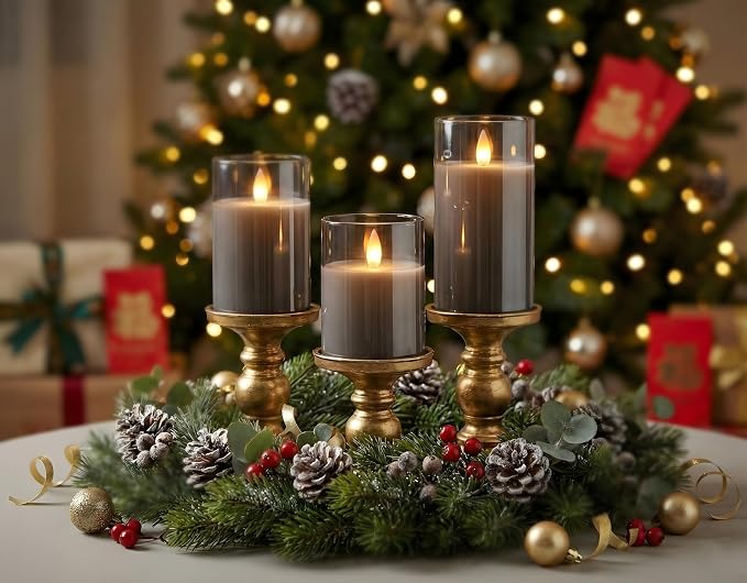 Glass Flameless Pillar Candles Flickering with Remote Timer, Battery Operated LED 3D Moving Flame Real Wax Candles,Remote Included (Gray)