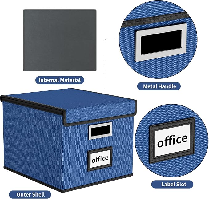 Decorative File Organizer Boxes Office Document Storage with Lids, Portable Collapsible Linen Hanging Filing & Storage Boxes for Office/Decor/Home (Royal Blue) -14.9 x 12.7 x 10.8 inch -4 Pack