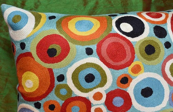 Lumbar Polka Dots Pillow Cover Turquoise Contemporary Decorative Pillowcase Blue Modern Outdoor Chair Cushion Couch Boho Cushions Hand Embroidered Cushions Wool Size - 14x20