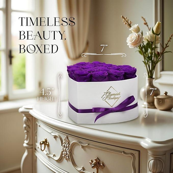 GLAMOUR BOUTIQUE Preserved Roses in a Box - Gifts for Her, Wife & Mom, Rose Flowers Forever Decor for Birthday Gift, Get Well Flower Bouquet Cased in White Box with Cover - Purple - 16 (Color-Treated)