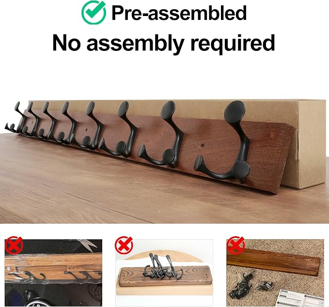 WEBI Coat Rack Wall Mount,43" Solid Wood Coat Hooks Wall Mounted Coat Hanger,16" Hole to Hole,Heavy Duty 8 Triple Hooks for Hanging Coats,Jacket,Hat,Backpack,Farmhouse,Reddish Brown,2 Packs