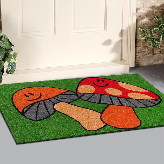 A1HC Natural Coco Coir Door Mat Dancing Mushroom Doormat with Heavy Duty Non-Slip PVC Backing - 18" x 30" - Easy to Clean, Welcome Mat for Home, Low-Profile Durable Doormat