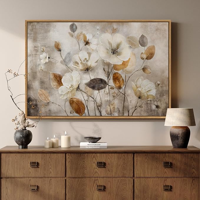 Framed Vintage Neutral Floral Wall Art for Living Room, Brown Botanical Flower Aesthetic Canvas Artwork for Walls, Farmhouse Rustic Painting Print for Bedroom Dining Room Hallway Wall Decor, 36X24 In