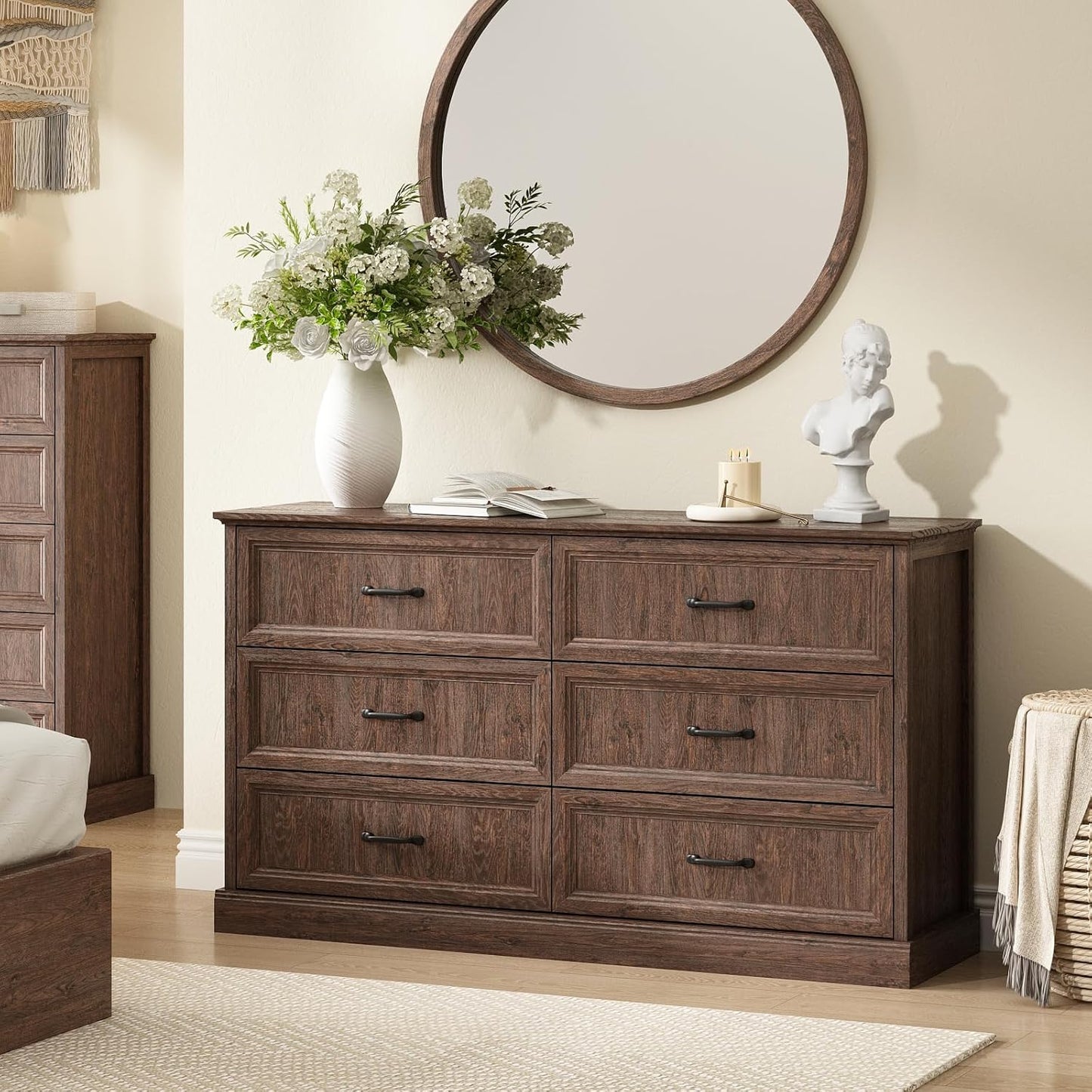 Farmhouse 6 Drawer Dresser for Bedroom, 55 Inch Wide Modern Brown Dresser TV Stand with Large Drawers & Bar Handles, Rustic Wood Chest of Drawers for Bedroom, Living Room, Hallway, Entryway.