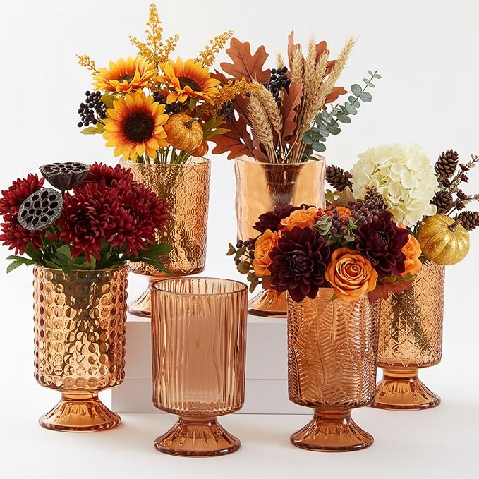 6 Pcs (H: 7" W: 4") Embossed Flower Vase Pedestal Glass Vase Big Base Thickened Crystal Vintage Vases for Wedding Party Home Decor Table Centerpiece House Warming Gifts (Amber,Classic)