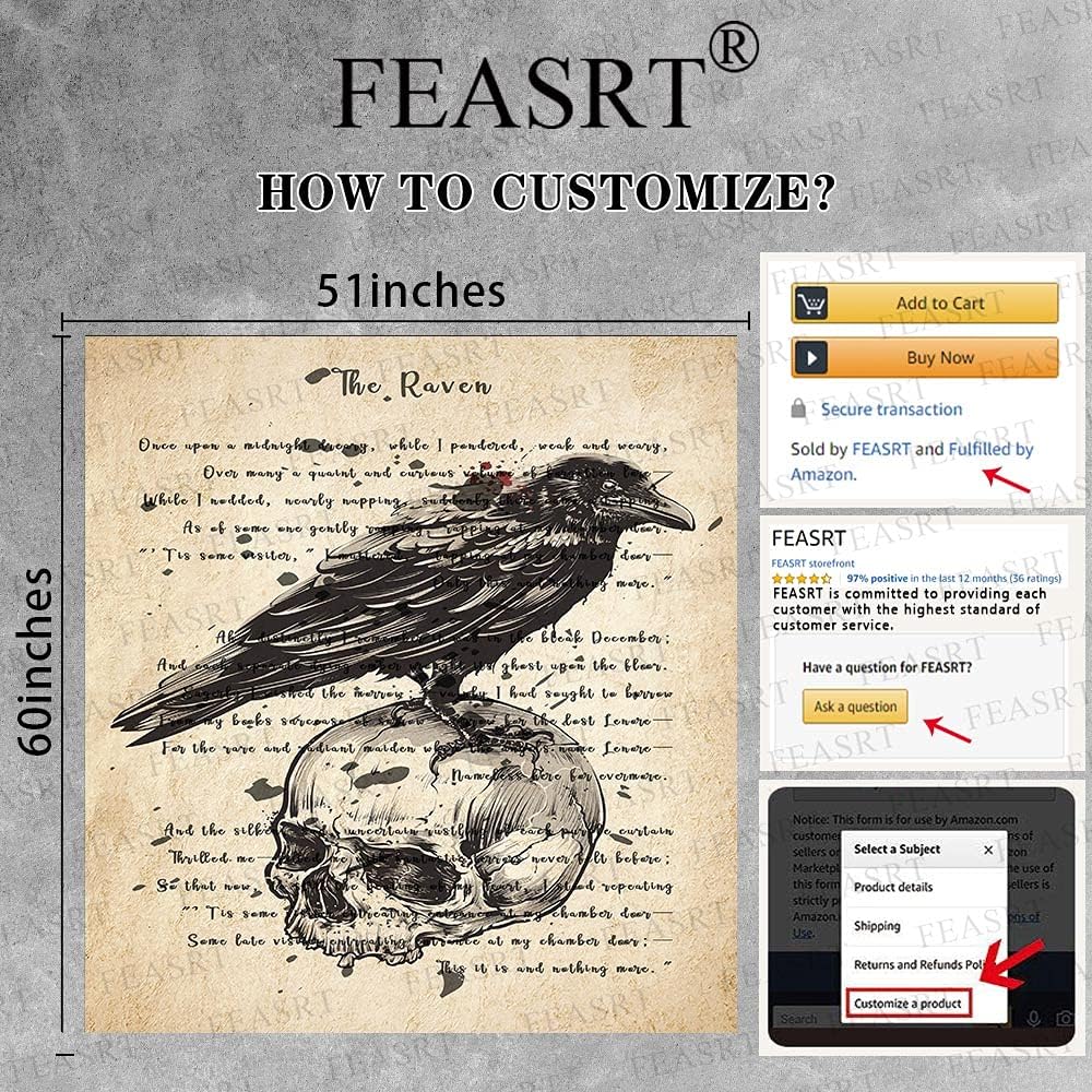 Gothic Skull and Raven Dictionary Tapestry The Raven Wall Tapestry Edgar Allan Poe Rustic Home Room Mural Posters 51x60 Inches for Living Room Bedroom Home Dorm GTQQAY1543