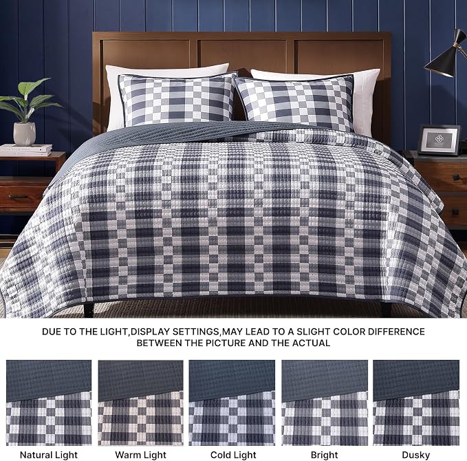 WRENSONGE Plaid King Quilt-3 Pieces Lightweight Bedspread Blue Grey Quilt King Size Quilt Bedding Set for All Seasons, Soft Summer Reversible Neutral Coverlet with 2 Pillow Shams
