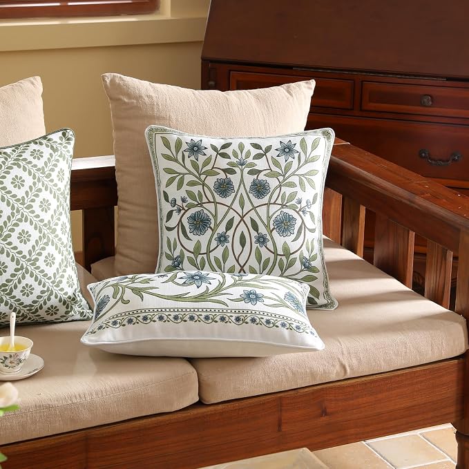 ISAENNE Designer Linen Throw Pillow Cover,Set of 2,18"x18"-Mosella A | Vintage Elegant Square Decor Pillow Cover,Concealed Zipper Design,Floral Pattern,Sofa,Bedroom,Living Room,Lounge Chairs