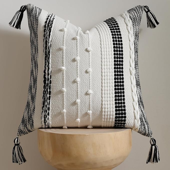 DEZENE Boho Pillow Cover 18x18 Black - Handmade Woven Textured Throw Pillow Case with Cordings & Tassels, Decorative Accent for Couch Sofa Bed Farmhouse Living Room Bedroom Home Decor