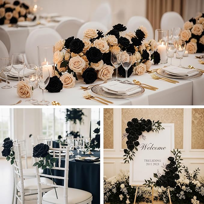 Auihiay 60PCS Black Fake Roses, Velvet Silk Artificial Roses, Realistic Roses Flowers for Photo Shoots, Wedding Centerpieces, Bridal Bouquets, Anniversary, Valentine's Day, New Year's Decorations