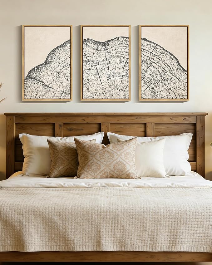 PHOPAGO Farmhouse Vintage Framed Wall Art Large 16x24in Set Gray Wood Tree Ring Spirals Nature Abstract Drawings Rustic Modern Art Decor for Living Room Bedroom - Natural Framed