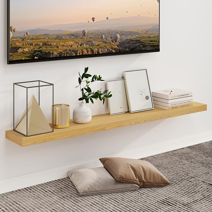 Fun Memories 55 Inch Fireplace Mantel - Long Floating Shelf, Wall Mounted Farmhouse Display with Invisible Heavy Duty Metal Bracket, Oak