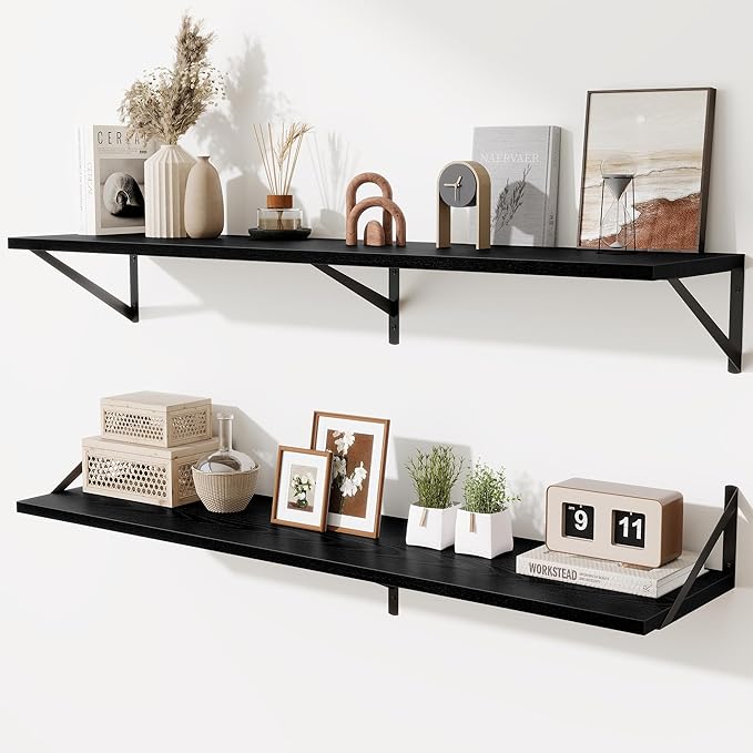 Acovy 48inch Floating Shelves for Wall,10" Deep Floating Shelves with Metal Brackets,Wall Mounted Hanging Floating Shelf,Wide Display Shelves for Living Room,Bedroom,Office,Kitchen,Black