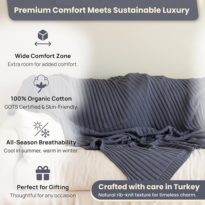 Organic Cotton Knit Blanket Denise, Smoke Blue, 80x90 Inches | 100% Organic Cotton, GOTS Certified, Soft and Lightweight, Breathable All-Season, For Bed, Sofa, or Lounge Area