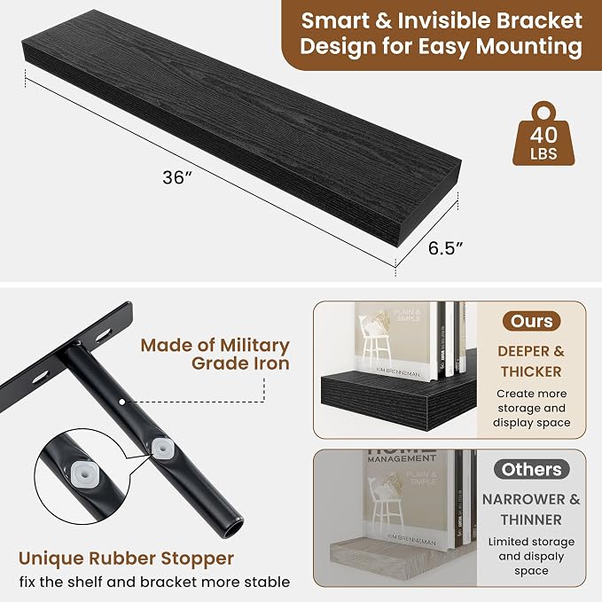 fuqing Floating Shelves for Wall, Wall Mounted Wood Floating Shelf with Invisible Brackets for Living Room, Bathroom, Bedroom, Kitchen Storage and Decor, 36 Inch Set of 2, Black