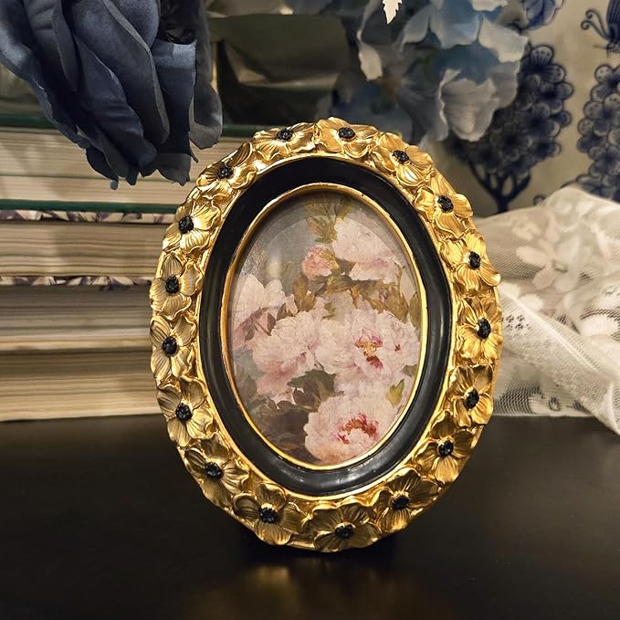 SYLVIA'S SHOP 2.5x3.5 Small Vintage Oval Picture Frame, Mini Antique Gold Ornate Photo Frame, for Tabletop and Wall Display, Decorative Floral Design Retro Home Decor, Photo Gallery Art