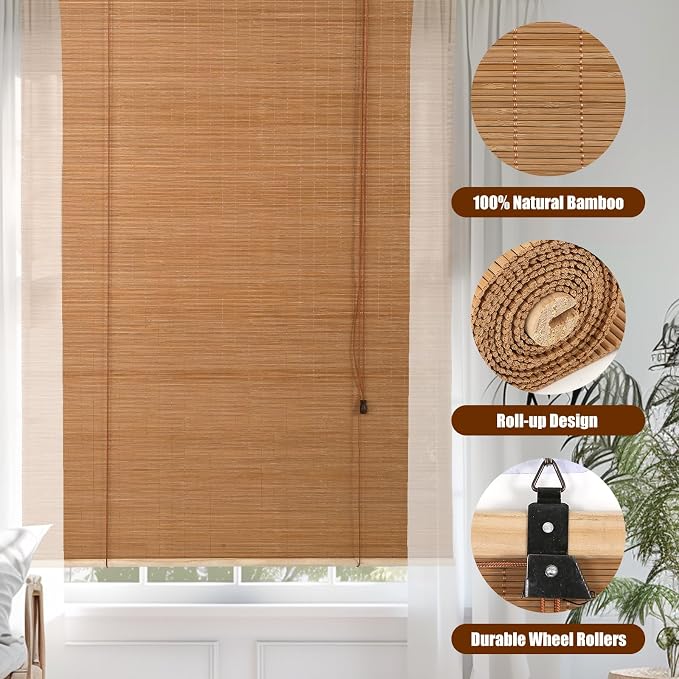 Outdoor Bamboo Roller Blinds Shades, Vertical Lifting and Breathable Waterproof Design, Sun Shade, Blackout and Ventilation, Easy Installation,24" W×64" H