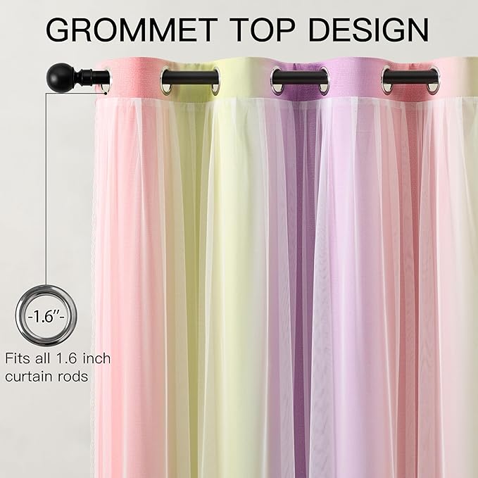 XiDi Girls Blackout Curtains for Bedroom 96 Inch Length 2 Panels Pink Yellow Purple Rainbow Blackout Curtains with Sheer Overlay for Little Girl Kids Room Decor Living Room Grommet Drapes 52W x 96L
