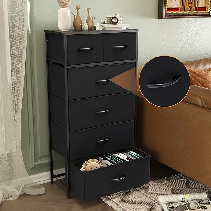 Fabric Dresser for Bedroom, Tall Skinny Dresser with 6 Drawers, Storage Organizer Tower, Steel Frame Wooden Top for Closet, Living Room, Hallway, Nursery(Black)
