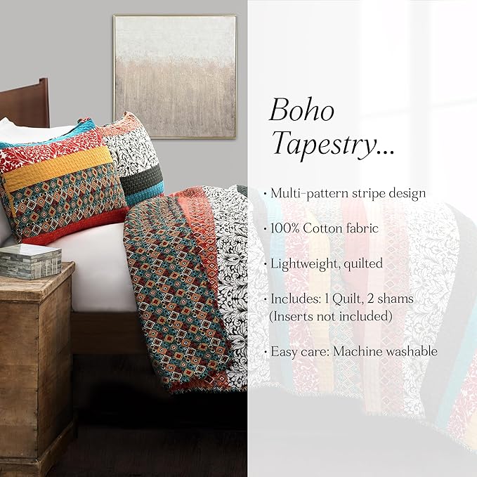 Lush Decor Boho Stripe Reversible Cotton Quilt 3-Piece Set, King, Turquoise & Tangerine - Bold Colorful Bohemian Bedding Set