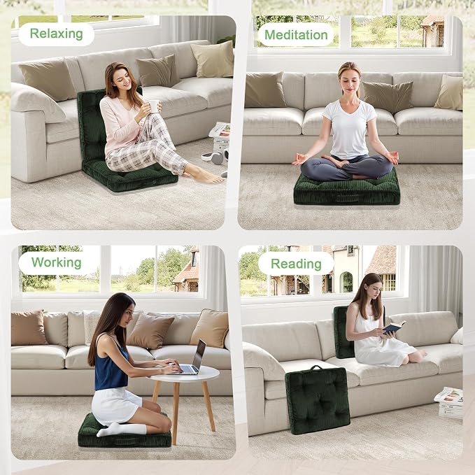 Meditation Floor Cushion Set of 2, 24x24 Tufted Floor Pillow for Adults, Square Large Meditation Cushion Pillow, Green Corduroy Sitting Pillow with Handle, Yoga Seating for Tatami