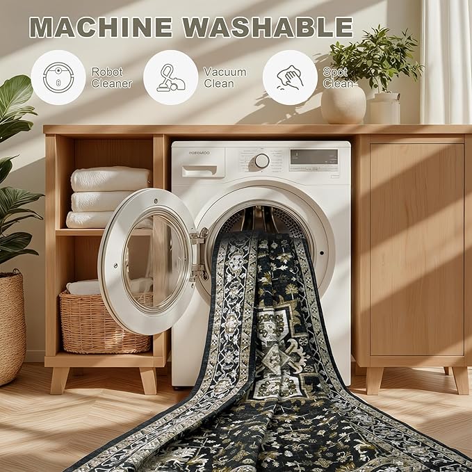 Hallway Runner Rug Non Slip - Washable 2.6x8 Kitchen Rugs for Living Room, Low-Pile Soft Bedroom Rug Indoor Floor Stain Resistant Carpets for Entryway, Laundry, Bathroom Black Gold