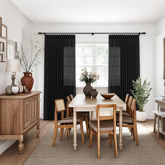 Jowels Black Linen Curtains 102 Inch Long 2 Panels for Living Room | Light Filtering Semi Sheer Curtain, Back Tab Pocket Pleated Look, Boho Farmhouse Textured Privacy Drapes for Bedroom Window