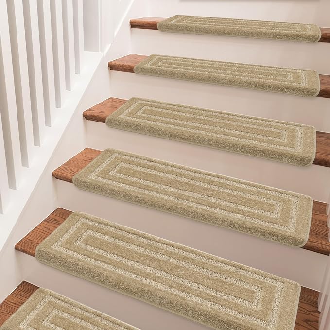 PURE ERA Bullnose Carpet Stair Treads Set Tape Free Non-Slip Indoor Stair Protectors Pet Friendly Rugs 9.5" x 30"(2 Pieces,Khaki Rectangular)