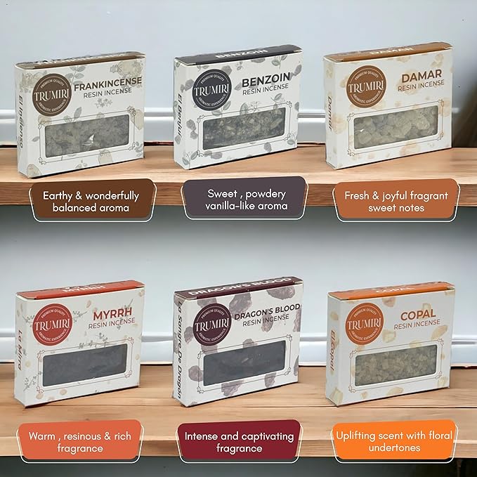 Resin Incense - Natural Tree Gum Sap - 6x30g Variety Pack Including Frankincense and Myrrh Copal Benzoin Dragon's Blood Damar